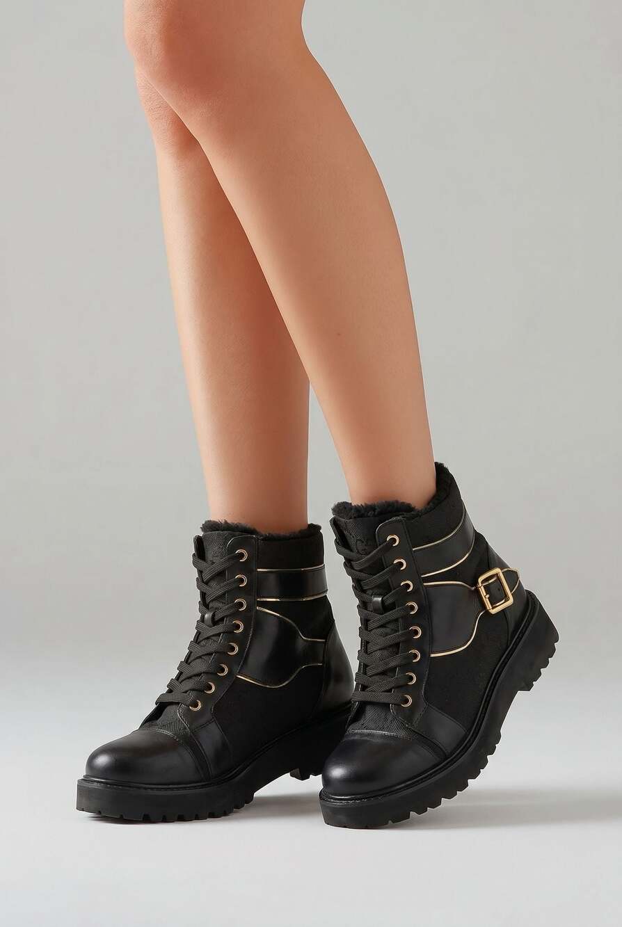 Vinci Black Monogram Platform Combat Boots with Buckle and Faux Fur Size 39